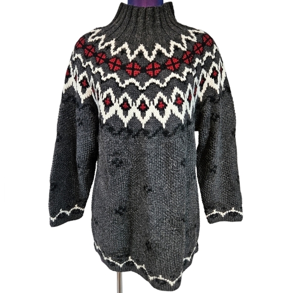Moda Int'l Burgundy & Gray Nordic Fair Isle Mock Neck Sweater Women's Medium D47 - Picture 8 of 8